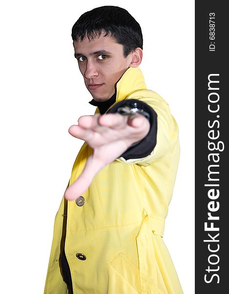 Young handsome man In a yellow raincoat, isolated on white, selective focus
