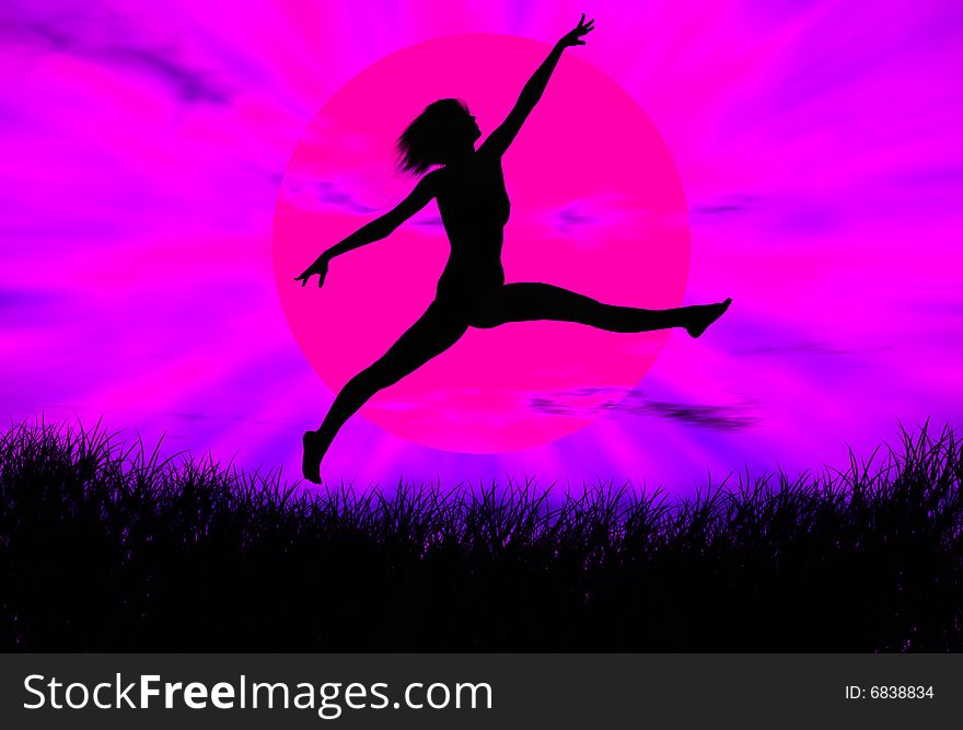 Black woman figure jumping in the sunset