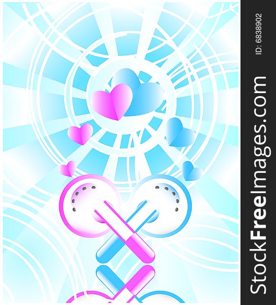 Earphones with reflection on color background. Modern love symbol. Vector. Earphones with reflection on color background. Modern love symbol. Vector