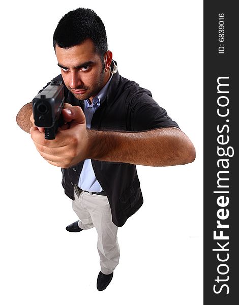 stock photo guy pointing gun at camera