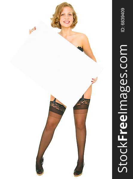 Isolated pin up caucasian woman holding white board with happy expression. Isolated pin up caucasian woman holding white board with happy expression