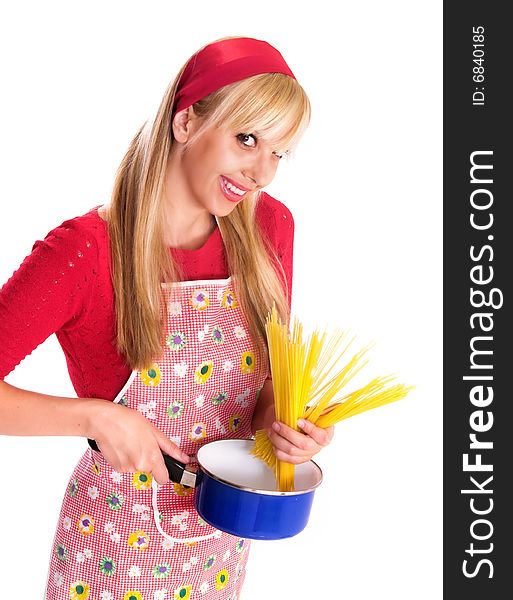 Young cook girl holding spaghetti,isolated on white
