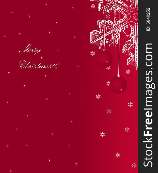 Christmas greeting card wiht two red decorated balls and big snowflake in the corner on the red background