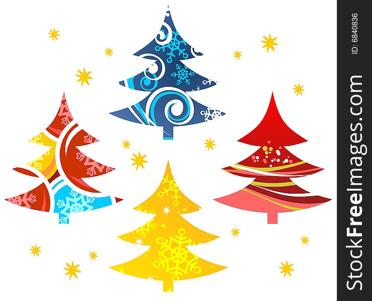 Four stylized Christmas trees and stars on a white background.