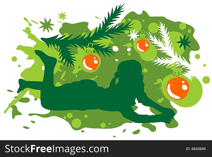 Girl silhouette on a green background with Christmas balls. Girl silhouette on a green background with Christmas balls
