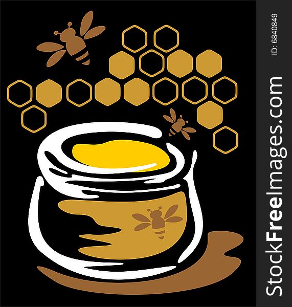 Stylized pot with honey and bees on a black background.