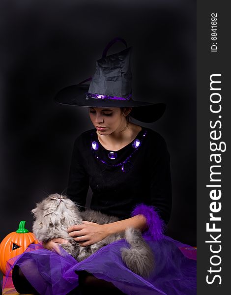 Young halloween witch with grey cat