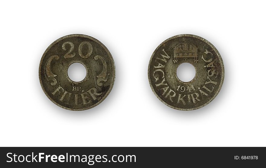 Isolated two sides of hungarian twenty filler from 1941 - circular money