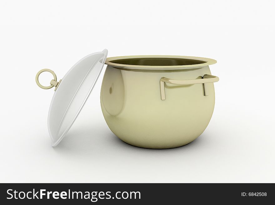 Opened golden pan on white background