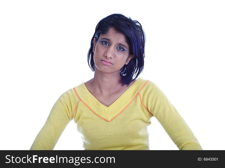 Picture of one girl in yellow on white background. Picture of one girl in yellow on white background