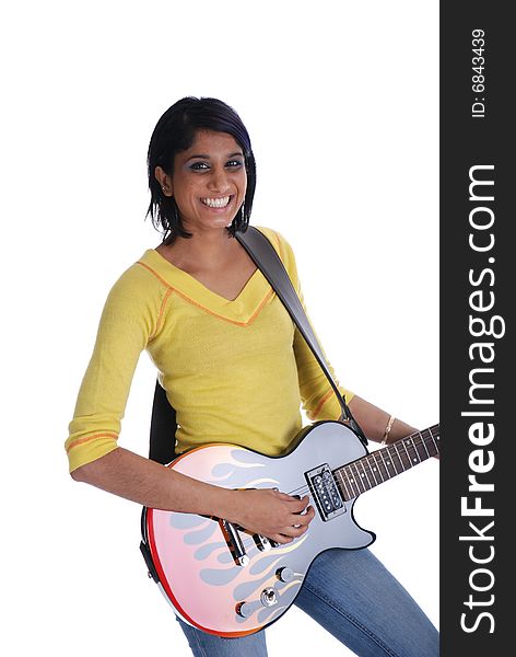 Picture of one girl playing electric guitar. Picture of one girl playing electric guitar