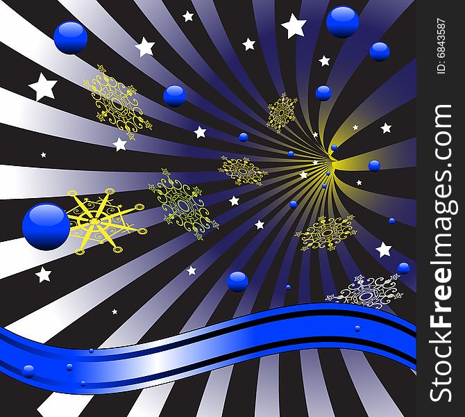 Colorful winter greeting with abstract snowflakes, blue bubbles and white stars coming out from a tunnel. Colorful winter greeting with abstract snowflakes, blue bubbles and white stars coming out from a tunnel