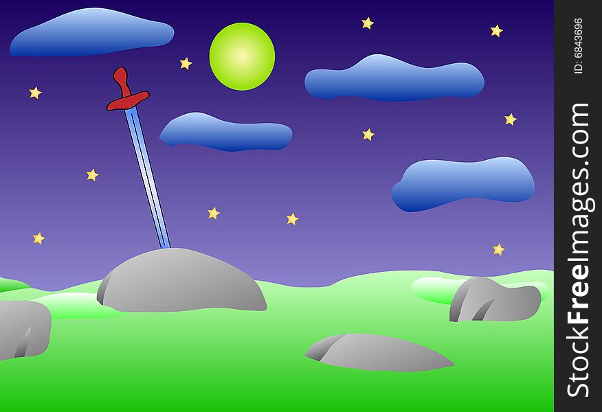 Sword in the stone. Vector illustration. Night. Sword in the stone. Vector illustration. Night.