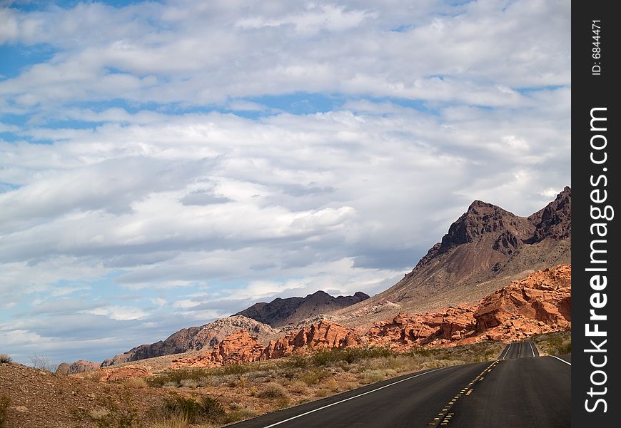 Empty freeway in Valley of fire daytime. Empty freeway in Valley of fire daytime