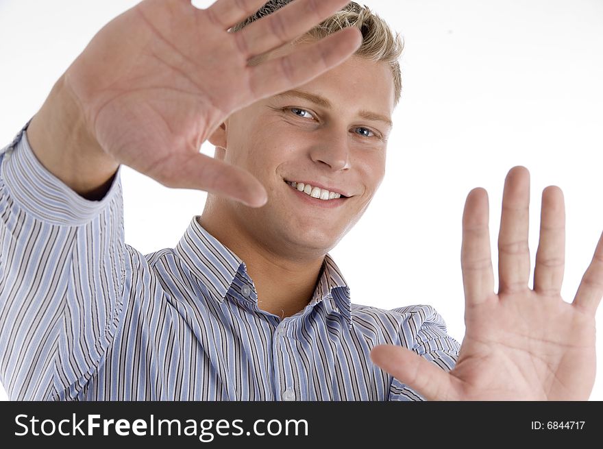 Happy man showing his palms against white background