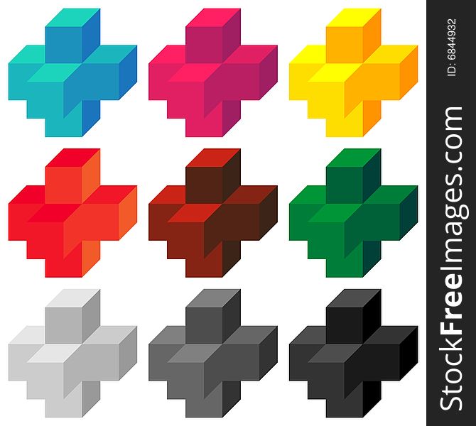 Nine colorful volume crosses over white. Nine colorful volume crosses over white