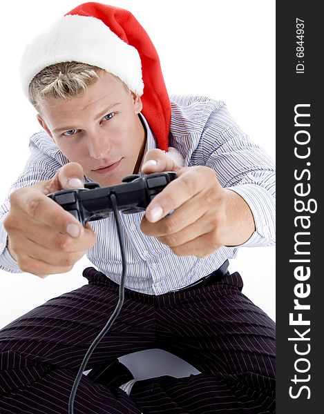 Caucasian Man With Remote And Christmas Hat