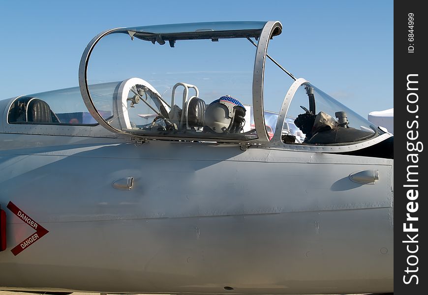 Opened cabin of old jet fighter close-up. Opened cabin of old jet fighter close-up