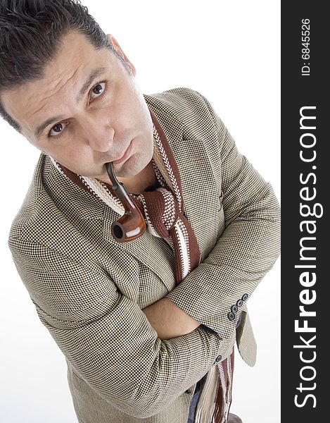 Man looking you with cigar against white background