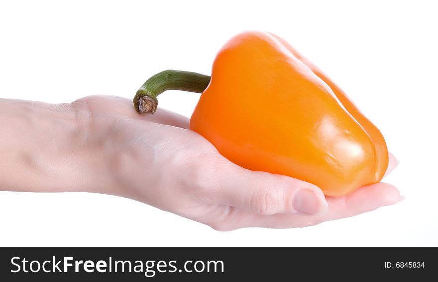 Orange pepper on hand isolated on white