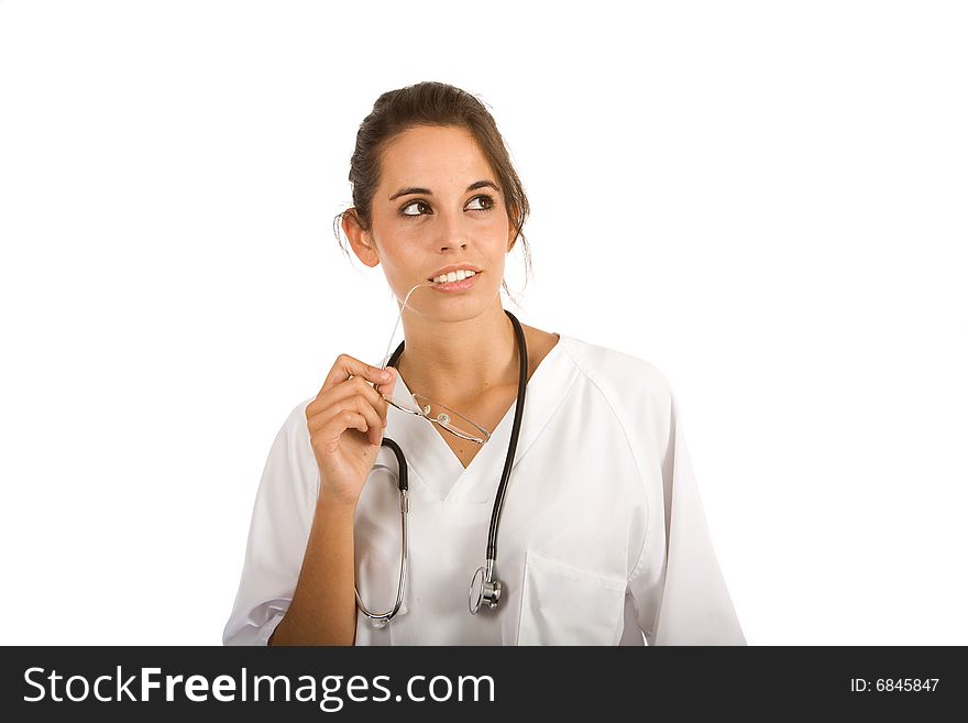Young beautiful female nurse with stethoscope