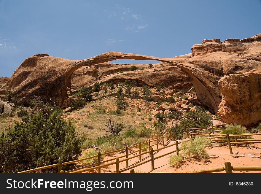 Rock arch on blue sky background in arches national park utah