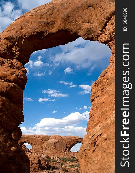 Rock arch on blue sky background in arches national park utah