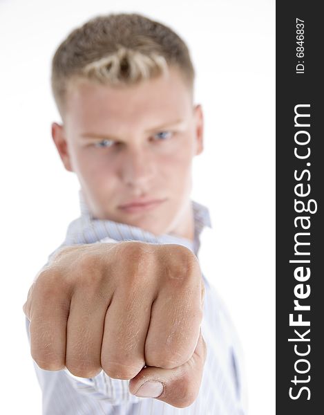 White male giving punch with white background