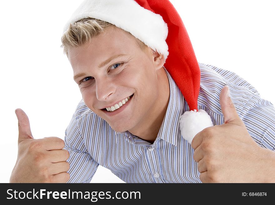 Happy Man With Christmas Hat Wishing Good Luck