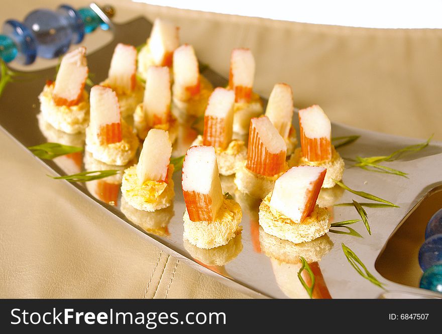 Appetizers made with crab meat imitation called surimi. Appetizers made with crab meat imitation called surimi