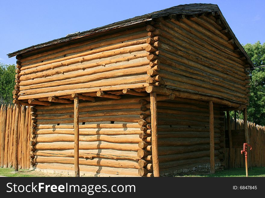 Corner shot of a pioneer era log fort cabin structure at a state park. Ft. Harrod State Park in Kentucky. Corner shot of a pioneer era log fort cabin structure at a state park. Ft. Harrod State Park in Kentucky