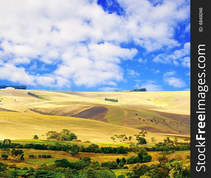 Countryside landscape with green bushes and cloudy sky