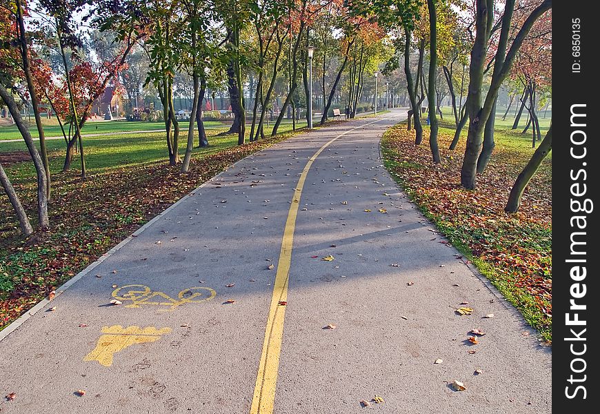 Walk in the park with bike and skate lane in the autumn. Walk in the park with bike and skate lane in the autumn