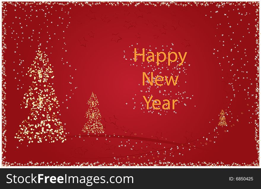 Happy new year card with abstract trees and stars