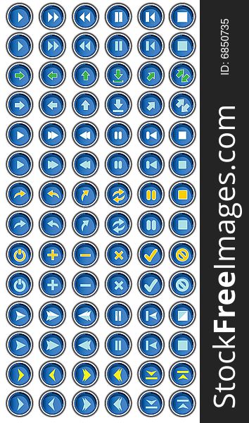Vector illustration of 84 blue button icons , mainly arrows. Vector illustration of 84 blue button icons , mainly arrows.