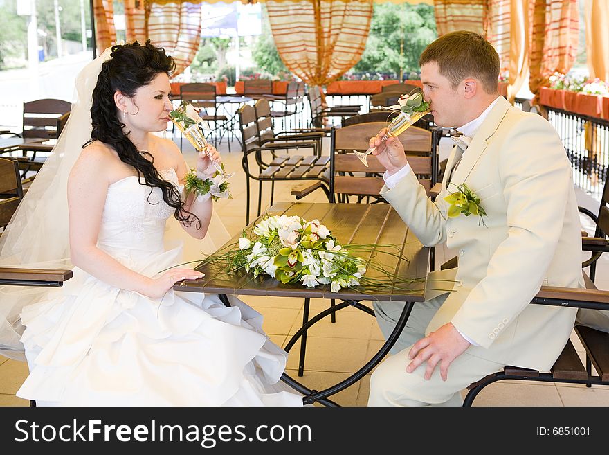 Bride and groom drinking champagne. Bride and groom drinking champagne