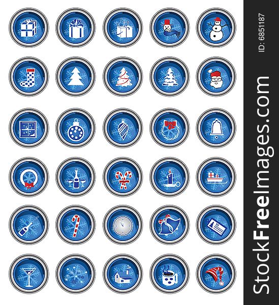 Vector illustration of 30 Christmas  icons in blue button. Vector illustration of 30 Christmas  icons in blue button