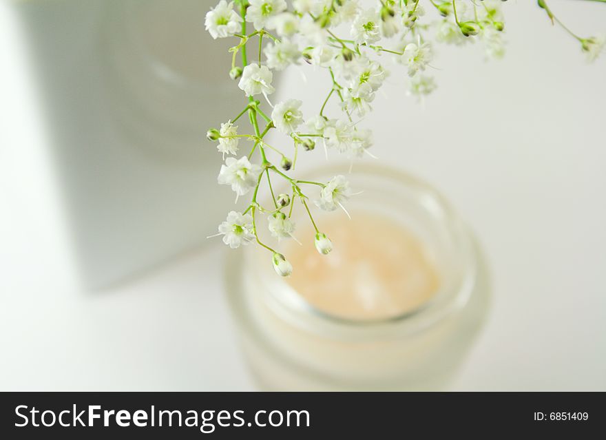 Flowers in vase and face creme. Flowers in vase and face creme