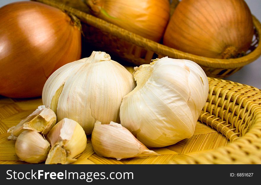 Onions and garlics close up