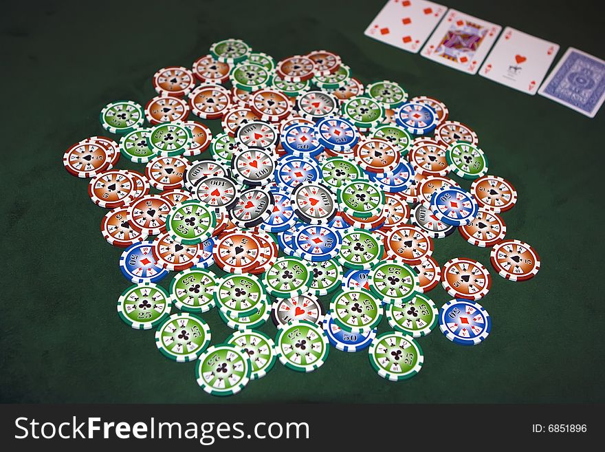 Poker table with chips lying on it