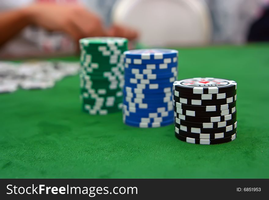 Poker table with chips lying on it