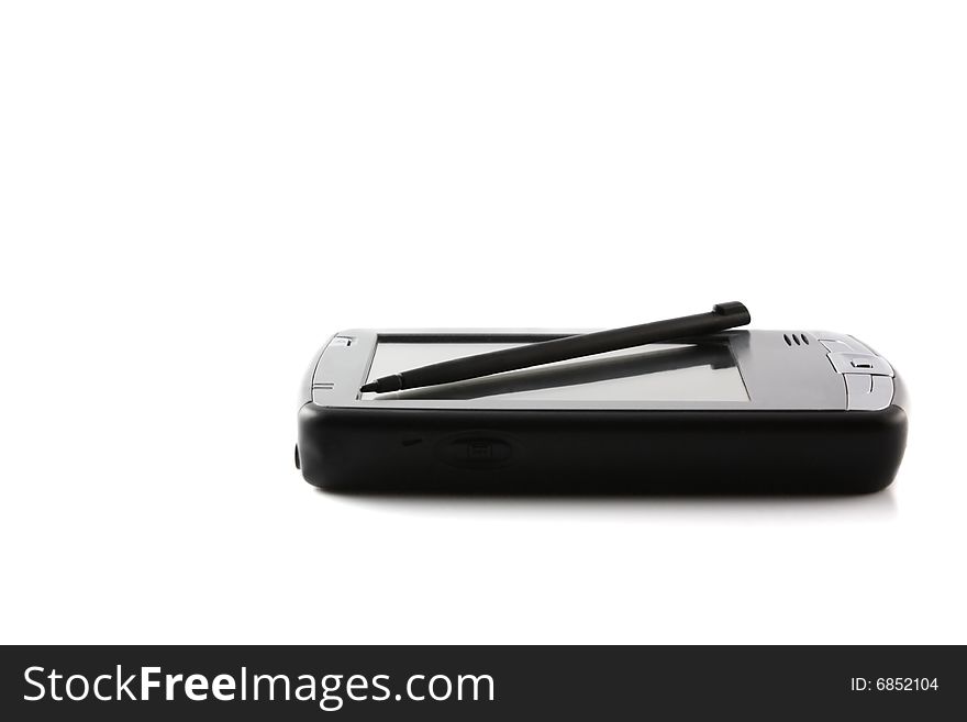 The pocket computer with a feather, isolated on a white background. The pocket computer with a feather, isolated on a white background