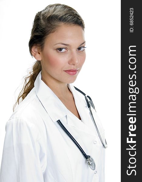 Portrait of young medical professional with stethoscope on an isolated white background