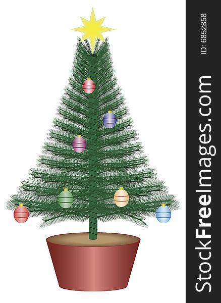 Vector illustration of a green christmas tree with various coloured globes and yellow star