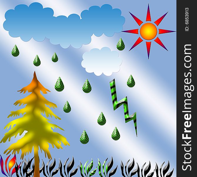 Nature illustration:rain,tree,sun,clouds,grass.
