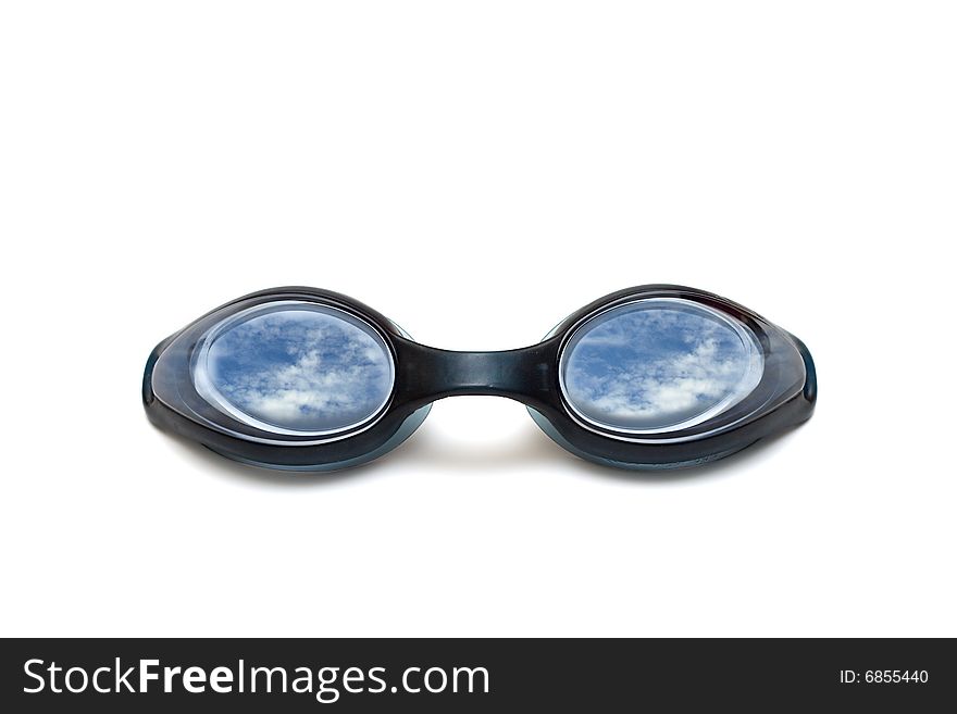 Black glasses for swim on white background reflected sky. Black glasses for swim on white background reflected sky