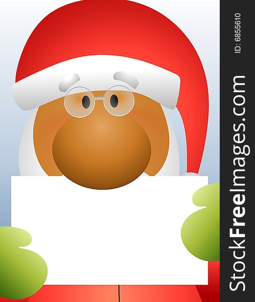 An illustration featuring a close up african american Santa Claus set against blue holding up a blank card. An illustration featuring a close up african american Santa Claus set against blue holding up a blank card