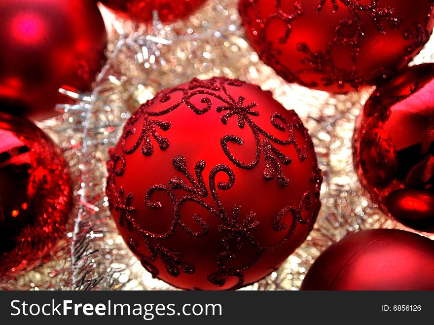 Red Christmas tree decorations with glitter