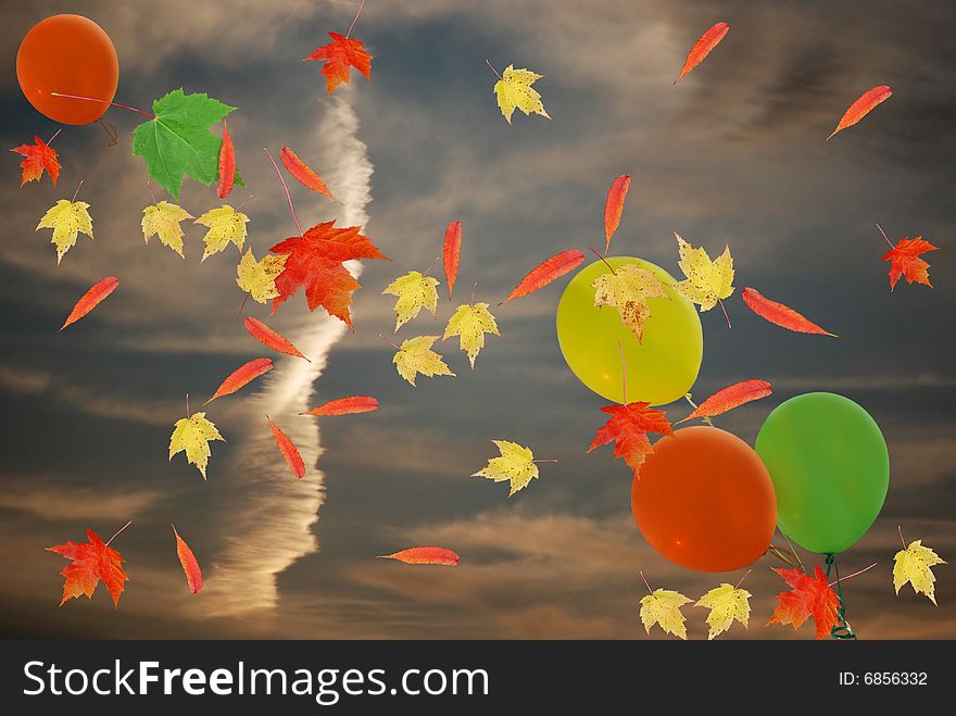 Balloons and fall foliage in a sunset sky. Balloons and fall foliage in a sunset sky.