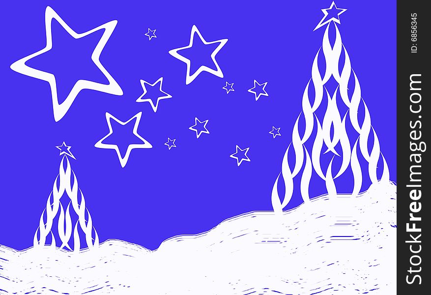 Winter picture, white trees and stars on blue